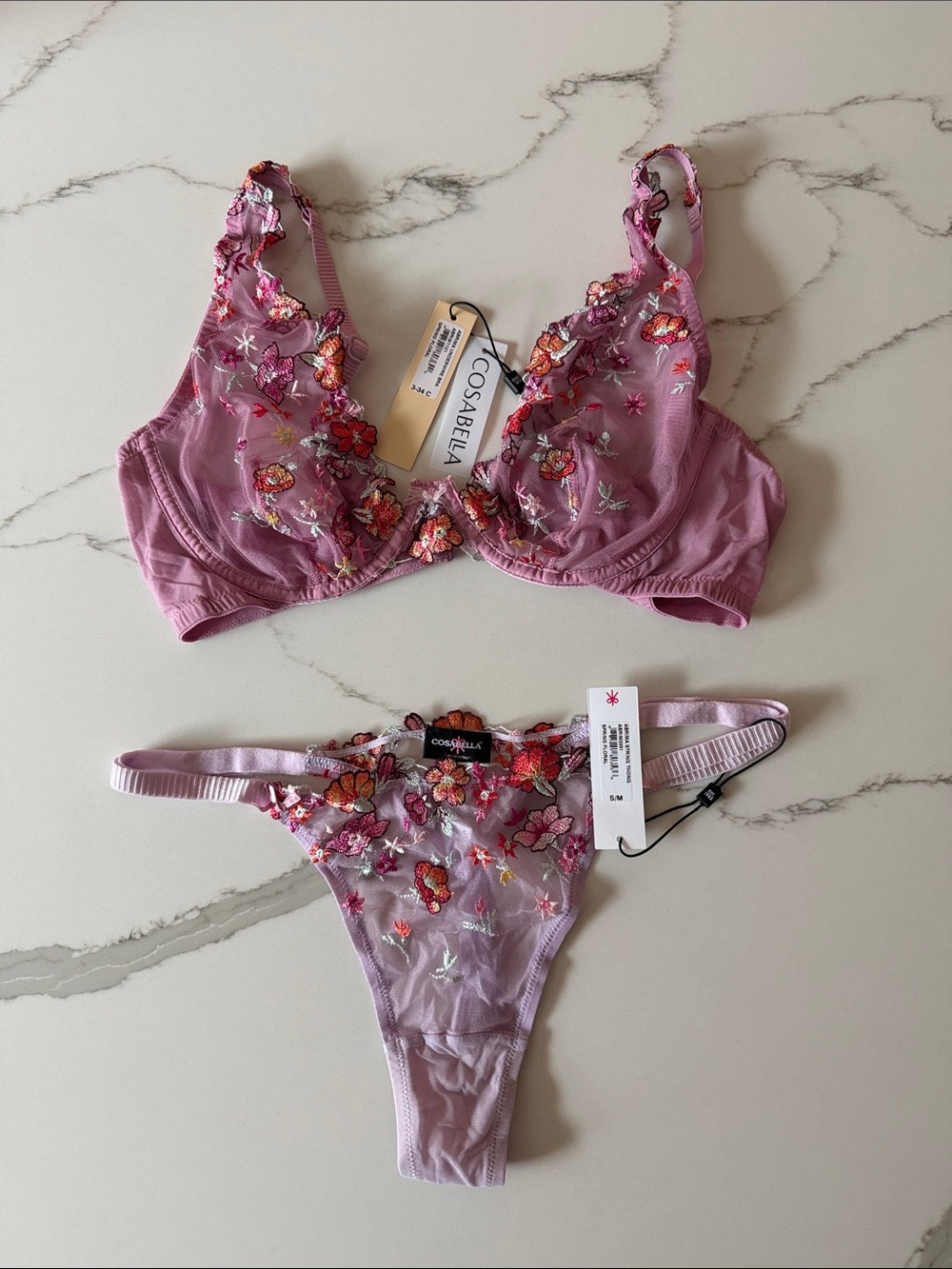 Cosabella Abrima Floral Embroidered Lace Underwire Bra 34 C & Thong S/M Set